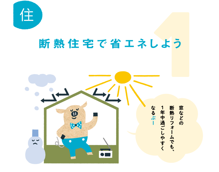 1.断熱住宅で省エネしよう。窓などの断熱リフォームでも、1年中過ごしやすくなるぶー