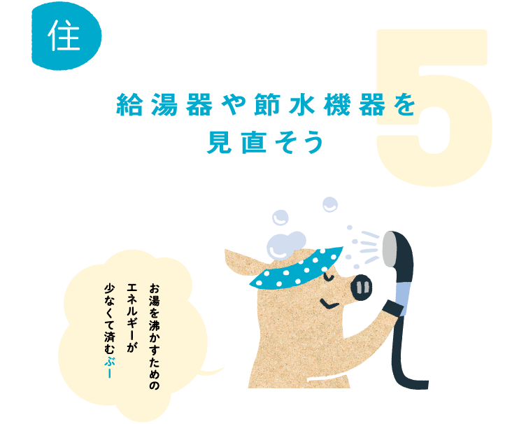 5.給湯器や節水機器を見直そう。お湯を沸かすためのエネルギーが少なくて済むぶー